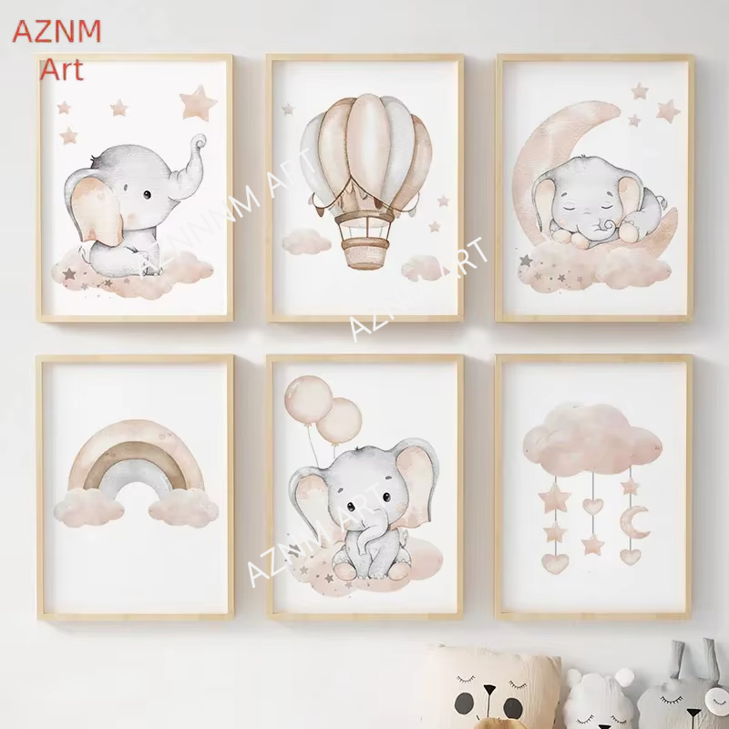 Baby Nursery Posters - Elephant Balloon Rainbow Moon Stars Cloud