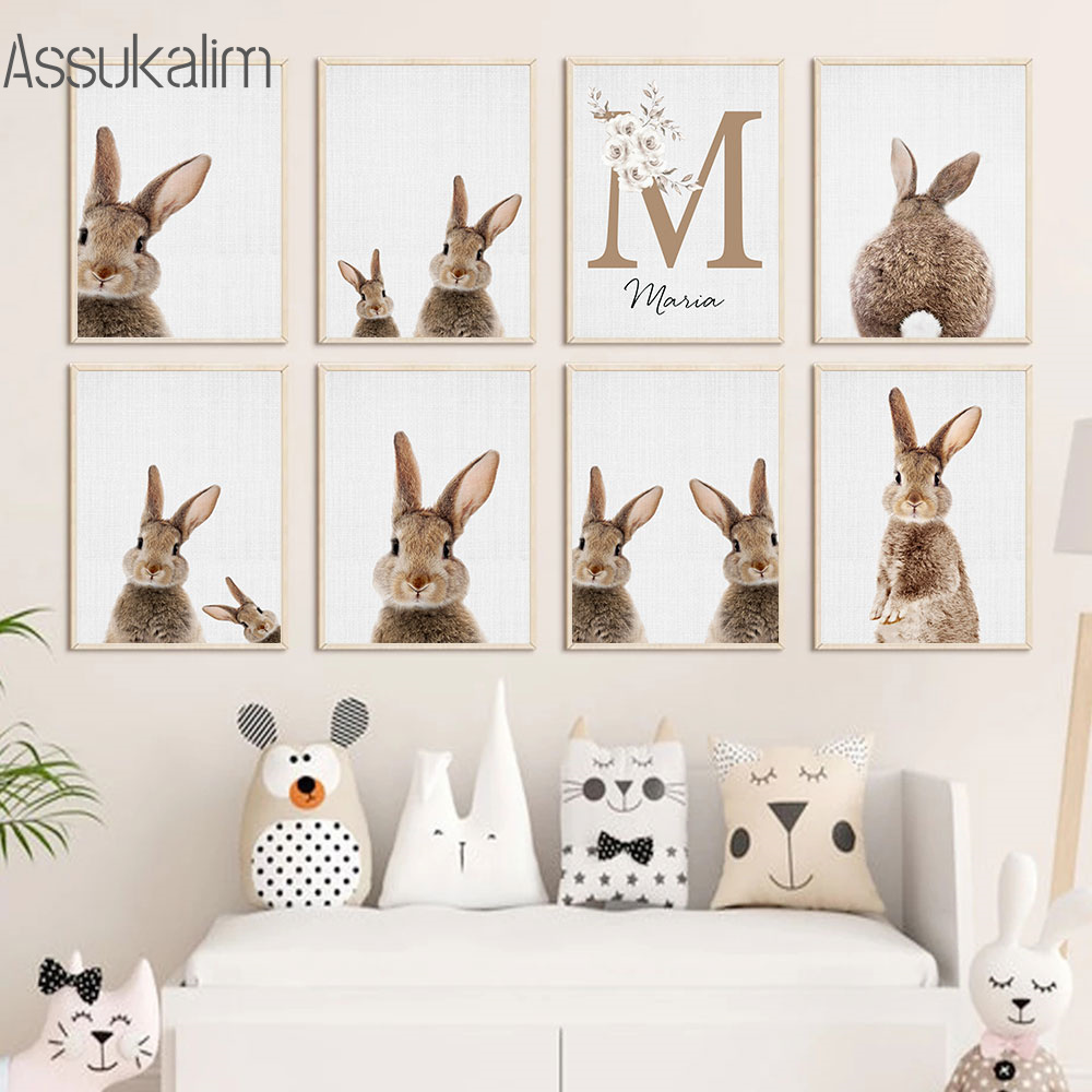 Baby Nursery Name Wall Art - Rabbit Canvas Painting Custom Name Print