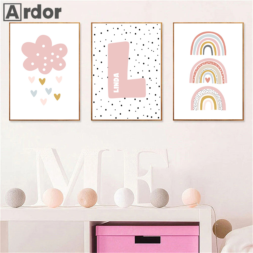 Baby Nursery Name Wall Art - Pink Rainbow Cloud Nursery Posters And