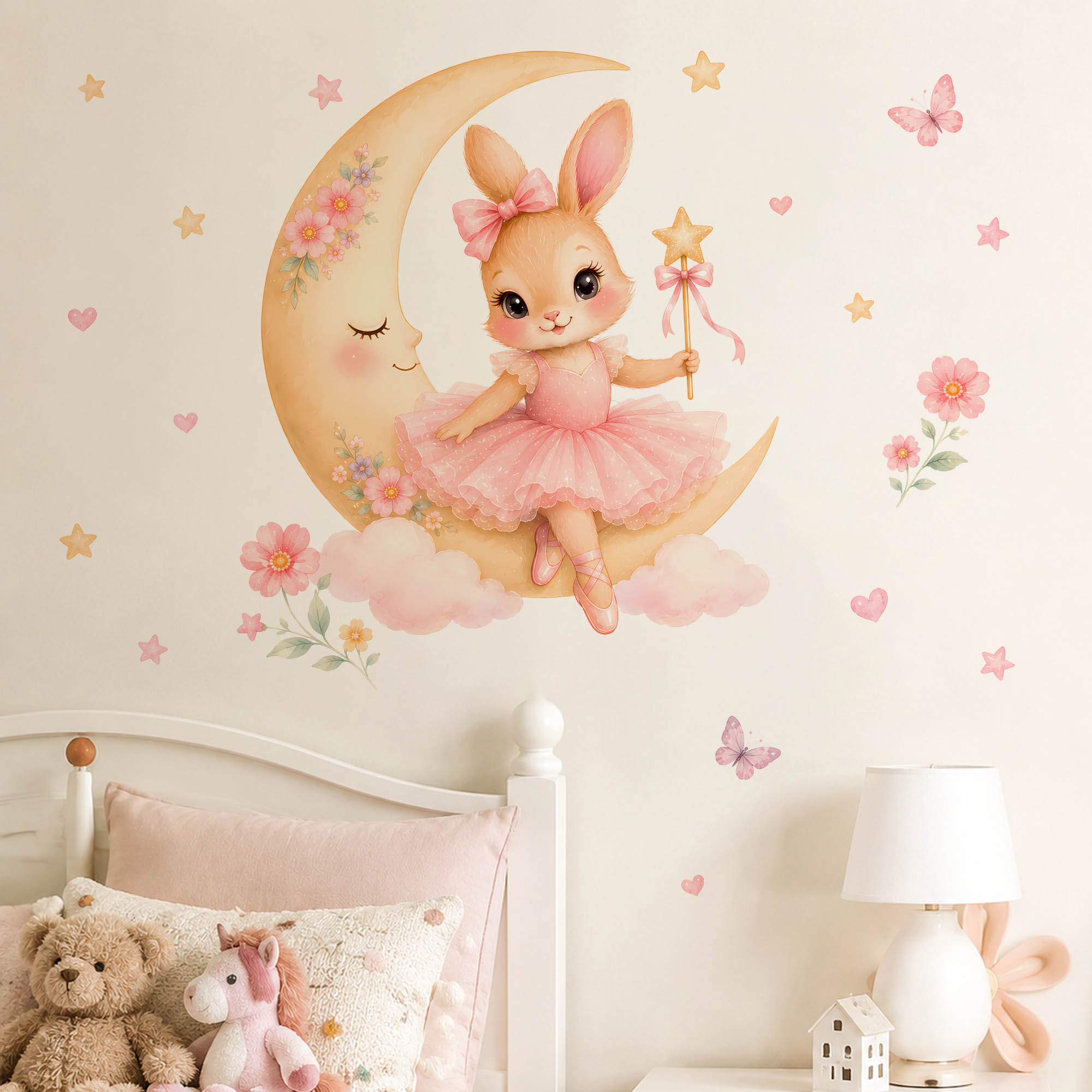 Baby Girl Nursery Quotes - Watercolor Ballerina Bunny Moon Wall Stickers
