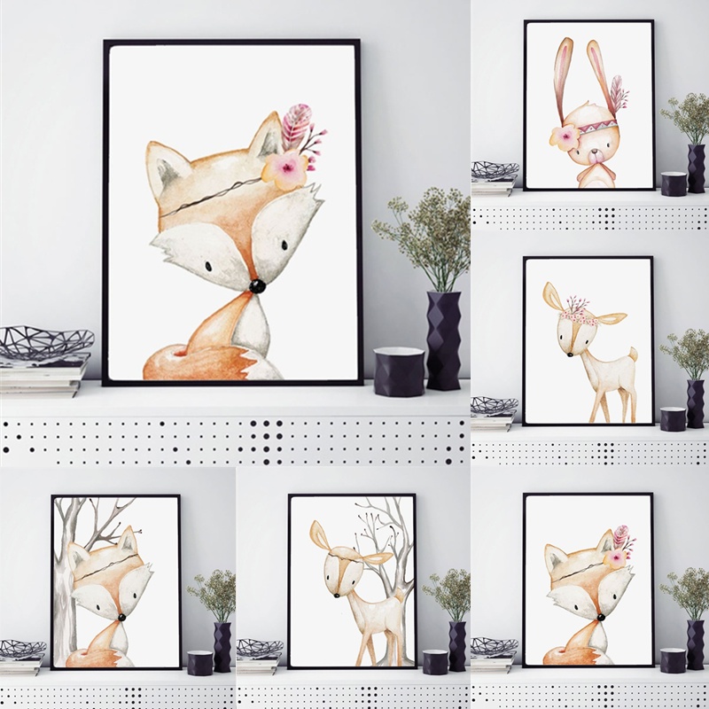 Baby Nursery Posters - Cartoon Rabbit Poster Fox Deer Paintings