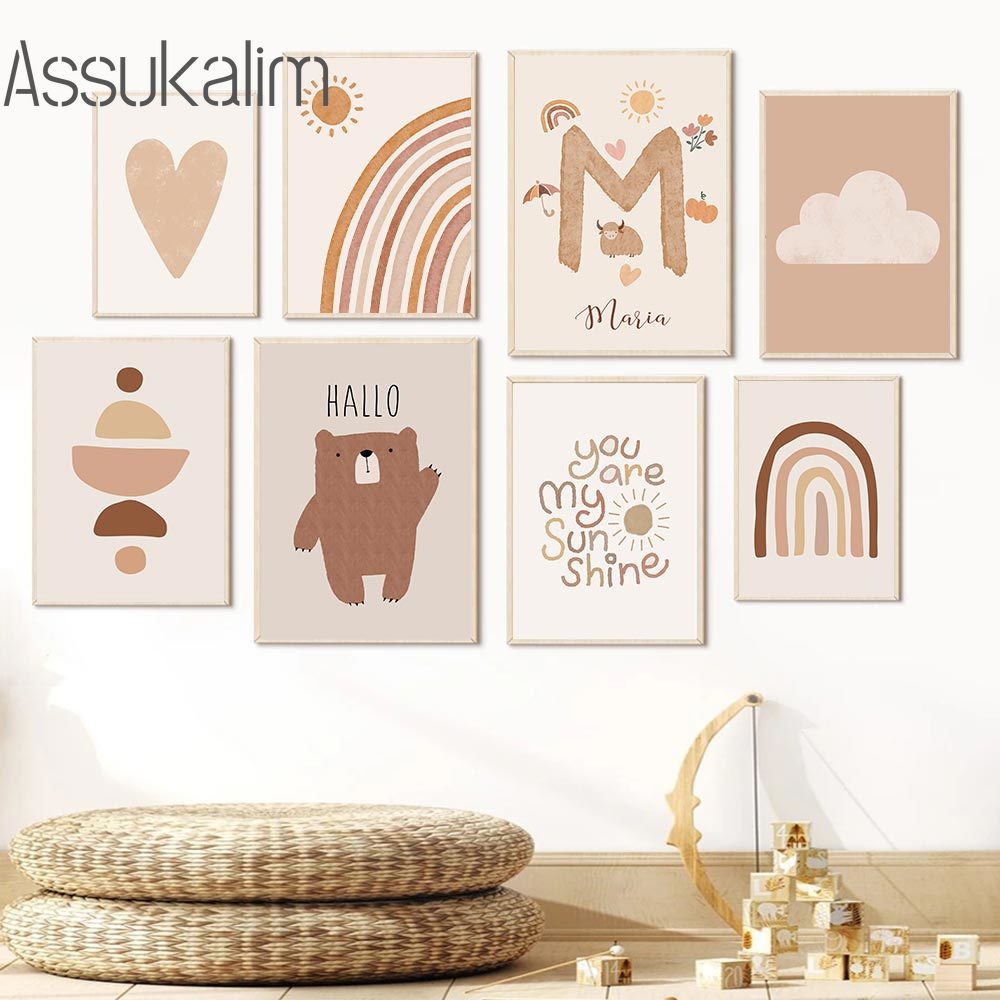 Baby Nursery Name Wall Art - Boho Wall Art Beige Canvas Poster