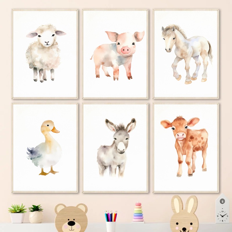 Baby Nursery Posters - Watercolor Farm Animals Baby Horse Ducks