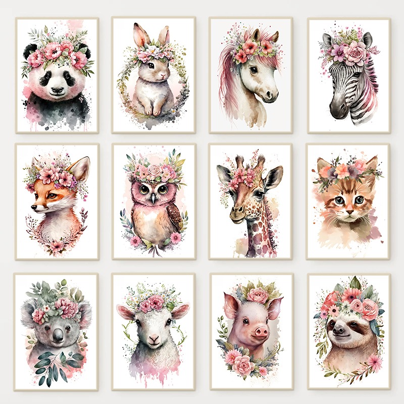 Baby Nursery Posters - Watercolor Cute Baby Animals with Flowers
