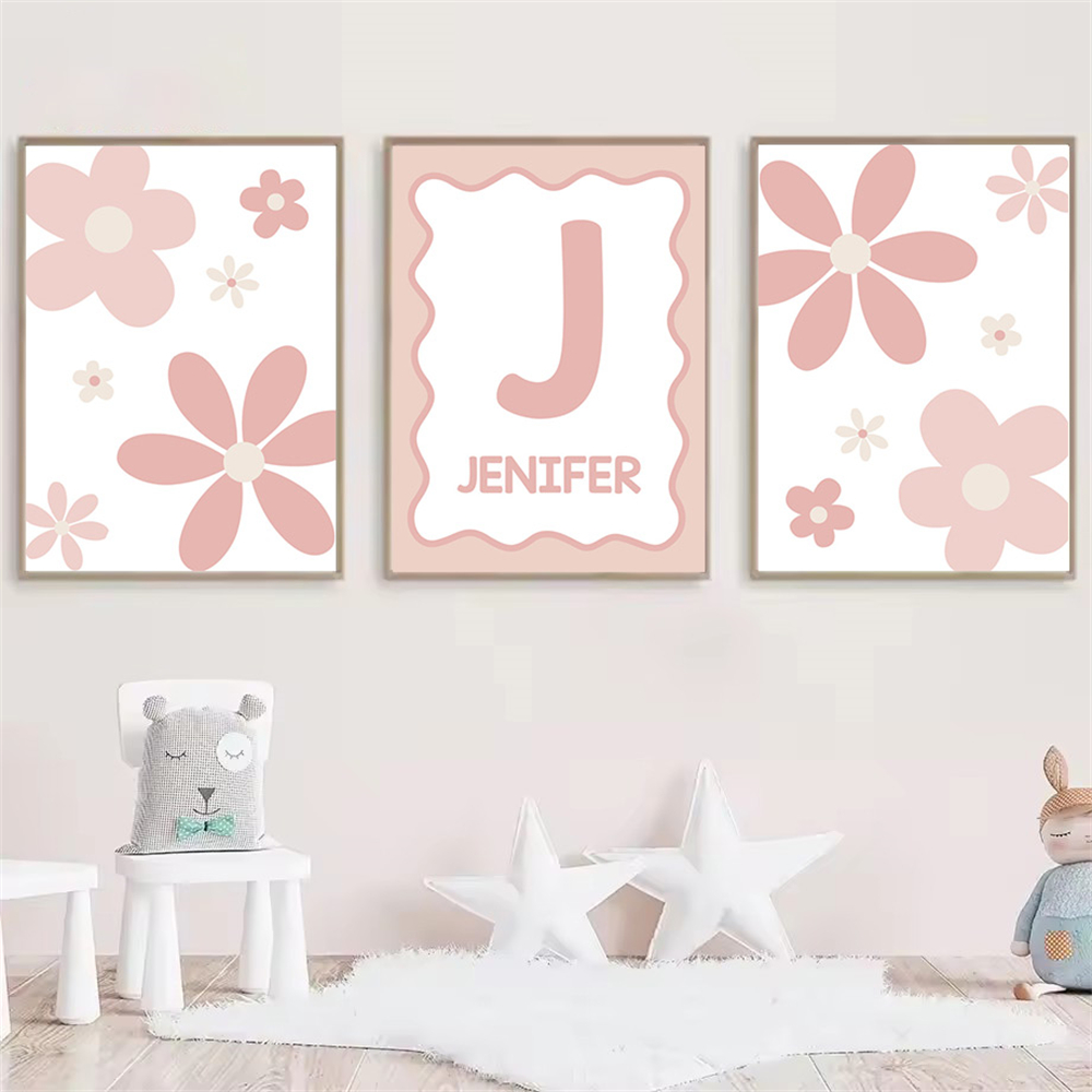 Baby Nursery Name Wall Art - Cartoon Pink Daisy Poster Custom Name