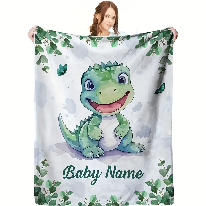 Baby Nursery Gender Neutral - Personalized Baby Name Dinosaur Throw Blanket