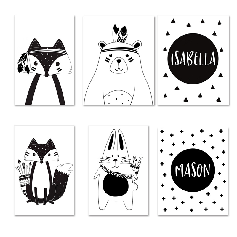 Black White Cartoon Bear Rabbi - Baby Nursery Name Wall Art recension och pris