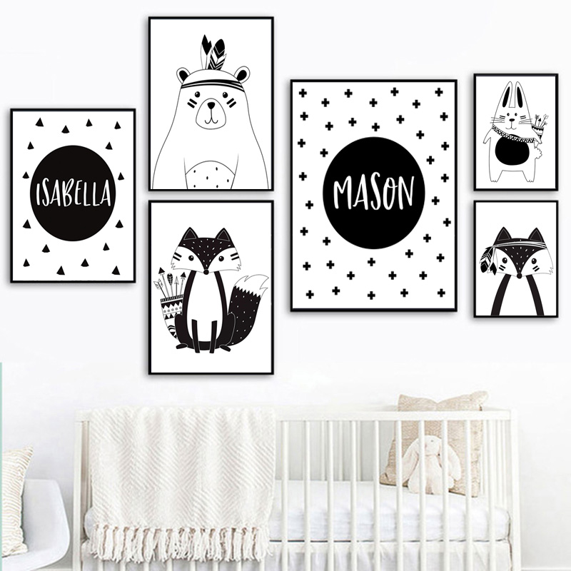 Black White Cartoon Bear Rabbi - Baby Nursery Name Wall Art recension och pris