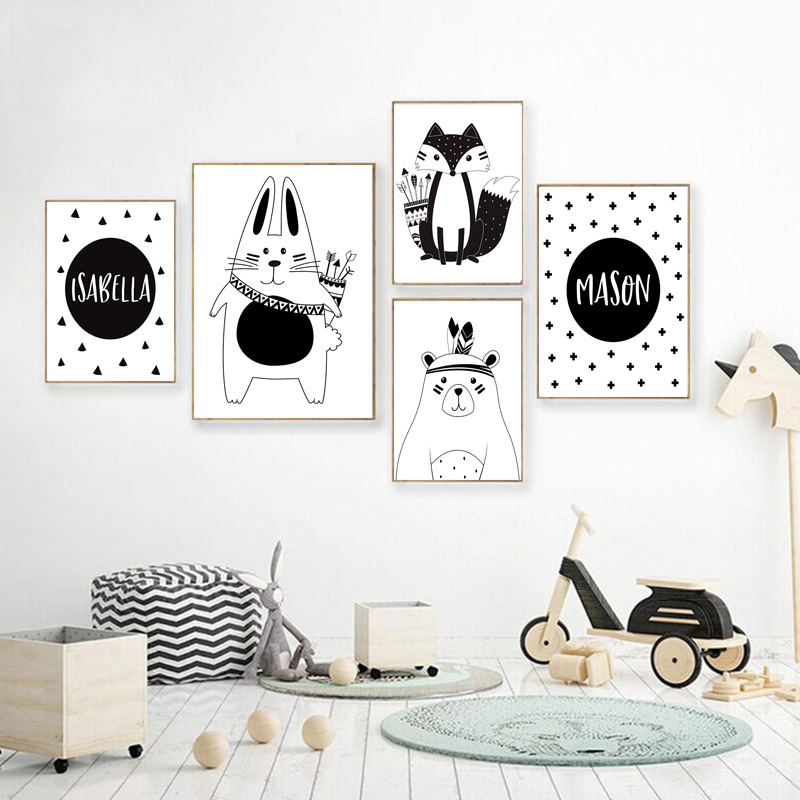 Black White Cartoon Bear Rabbi - Baby Nursery Name Wall Art recension och pris