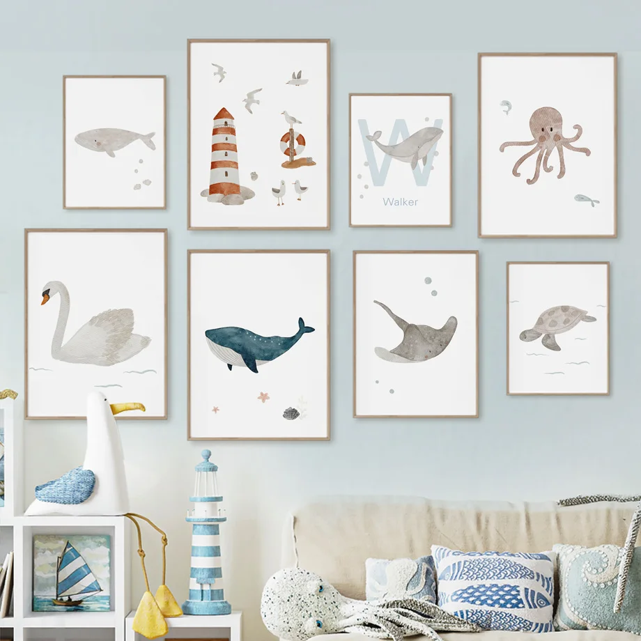 Name Whale Octopus Turtle Swan - Baby Nursery Name Wall Art recension och pris