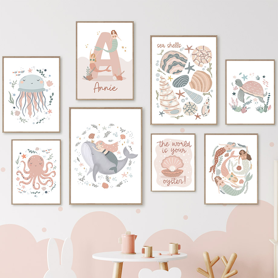 Cartoon Sea Animals Whale Merm - Baby Nursery Name Wall Art recension och pris